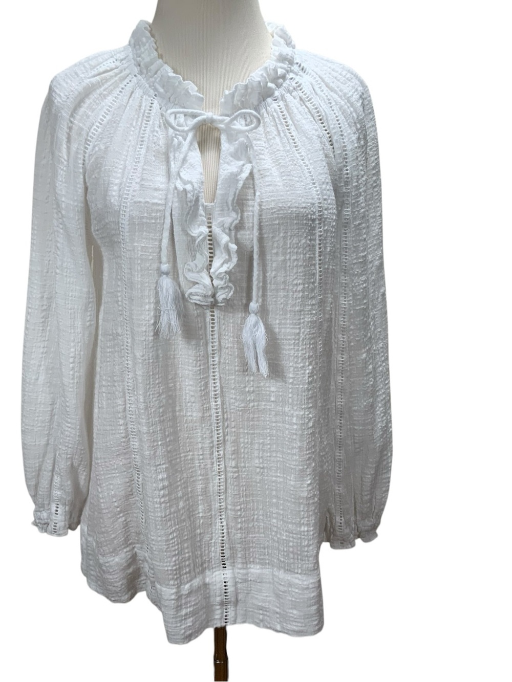 Sundance White Textured Peasant Blouse Size L Boho Tassel Tie Top Womens Tunic